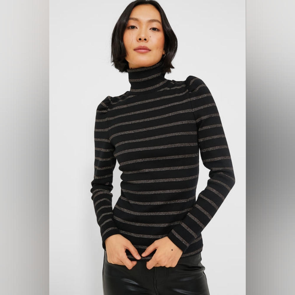 Veronica Beard Black and Metallic Gray Striped Turtleneck Sweater
